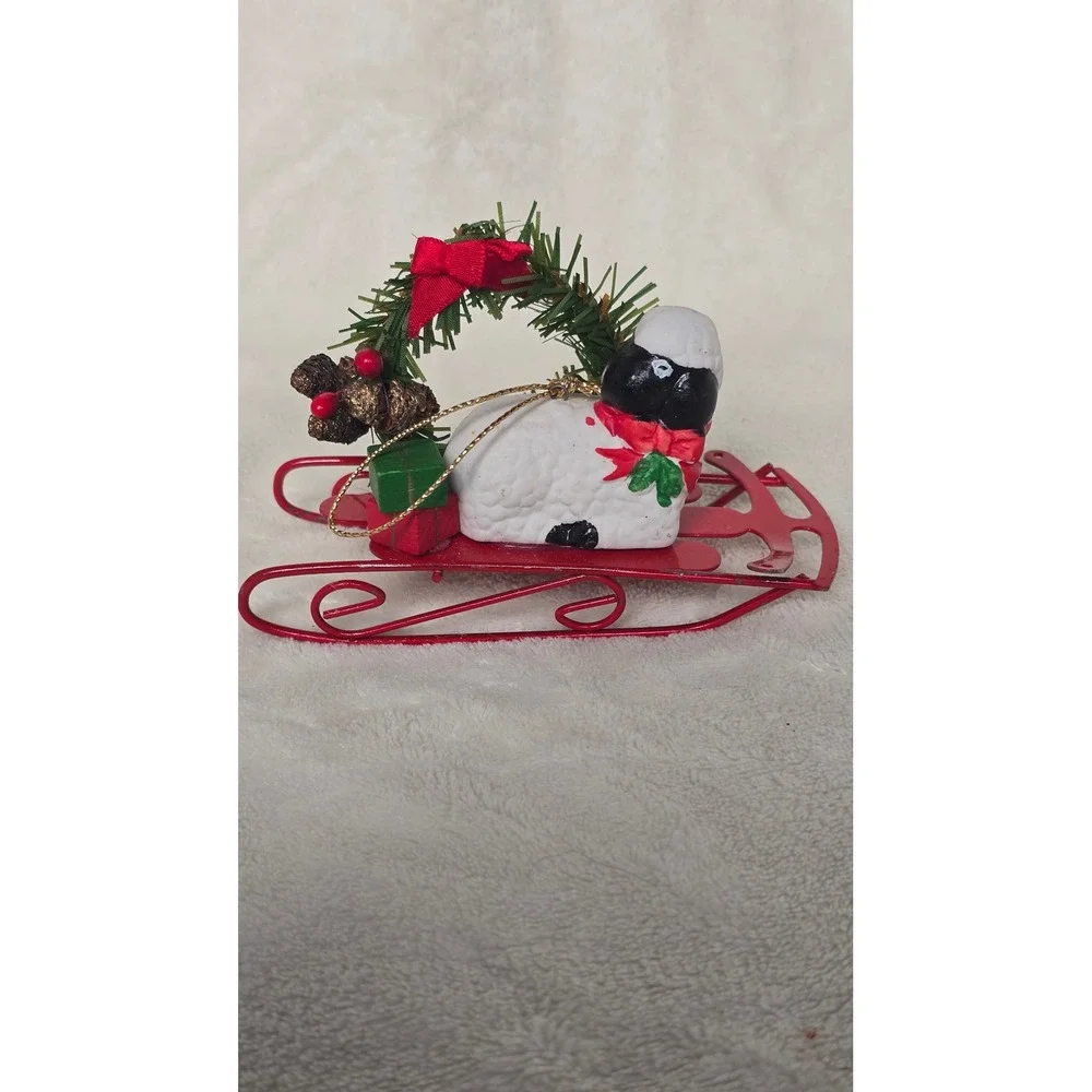 Vintage Style Sheep on Red Metal Sled Christmas Ornament Wreath & Gifts Accent